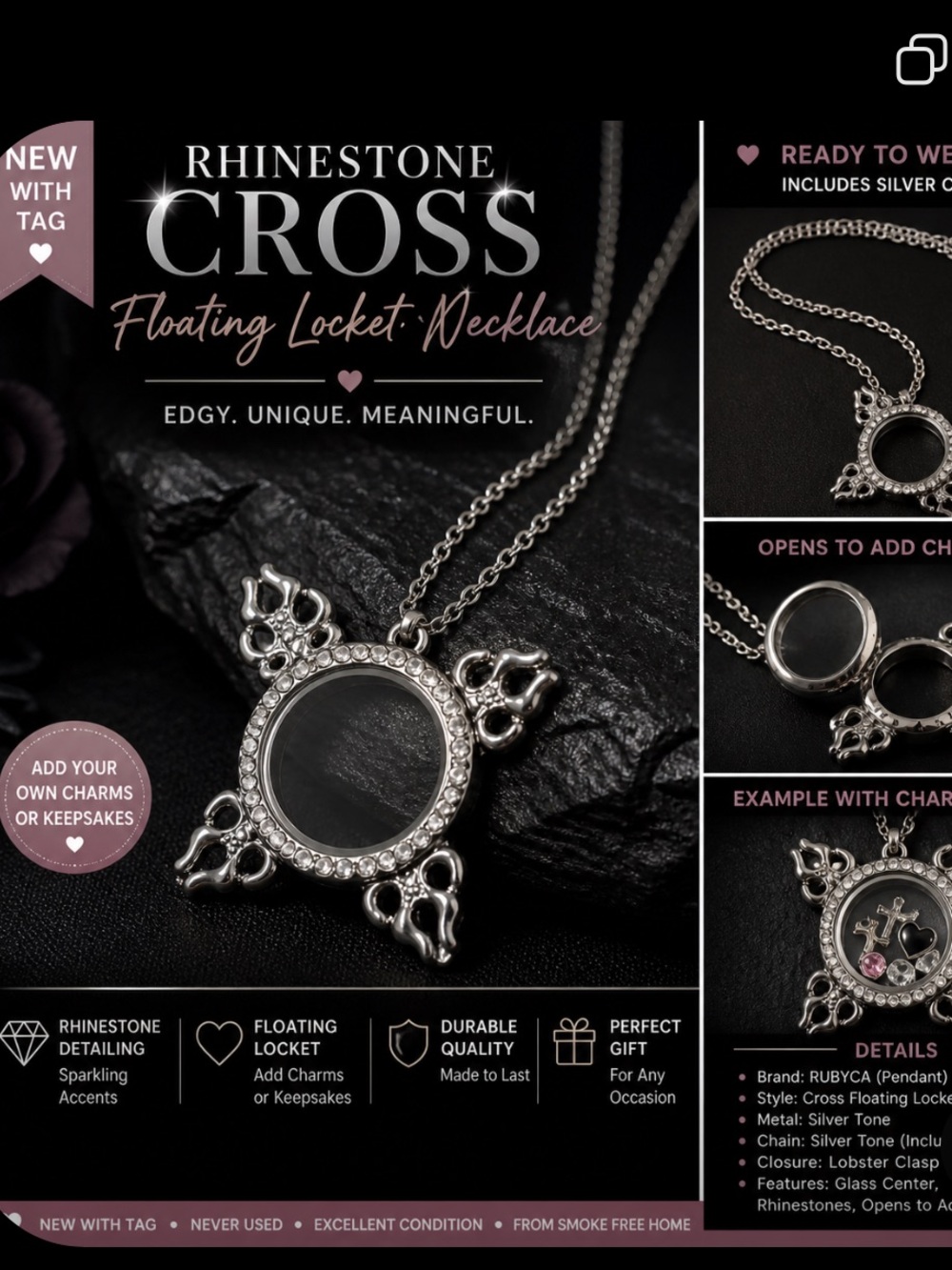 Rhinestone Cross Floating Locket Necklace - Silver